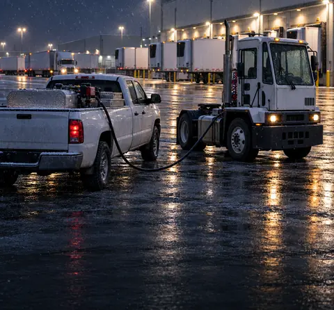 Illustration: a fuel truck at a distribution center loading dock at night
