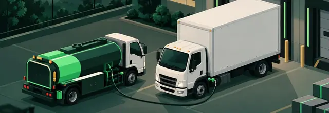 Illustration of a fuel truck refueling a box truck at a warehouse loading dock