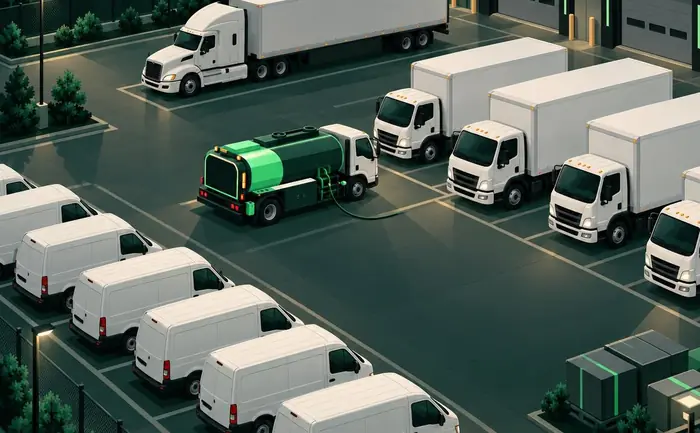 Illustration of a fuel truck refueling parked trucks in a fleet yard