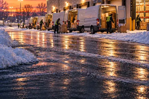 Illustration: delivery vans at a warehouse loading dock on a snowy evening