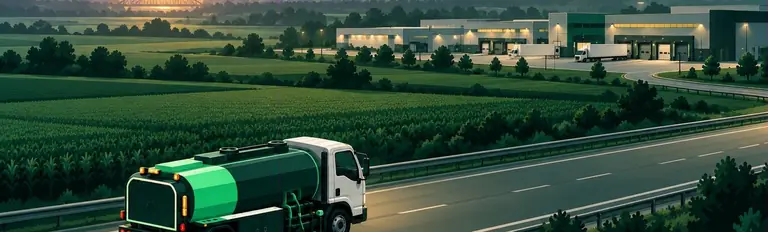 Illustration of a fuel truck on an Iowa highway with the Des Moines skyline at sunrise