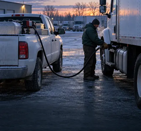 Illustration: a fuel truck refueling a box truck in a frosty fleet yard at dawn